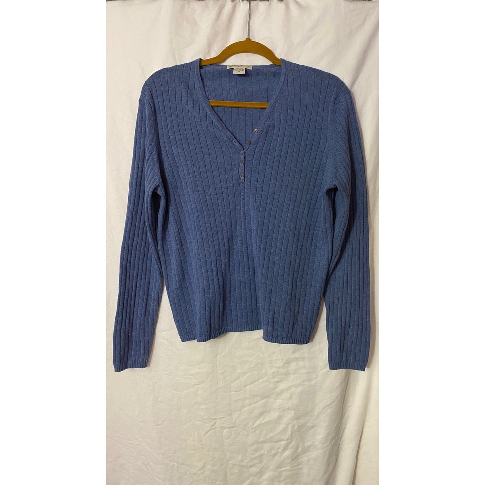 Eddie Bauer Women Blue Ribbed Henley Sweater 100% Cotton Long Sleeve XL